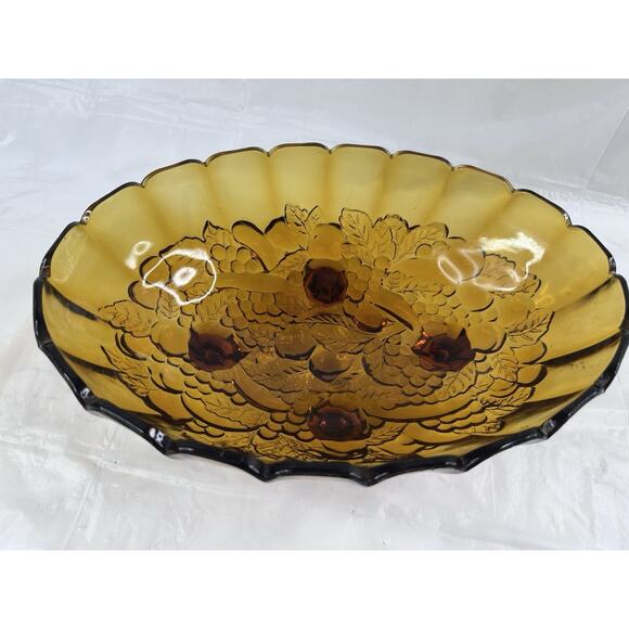 Indiana Glass Harvest Grape Carnival Fruit Bowl Oval Amber Footed MCM Vintage - Picture 5 of 10